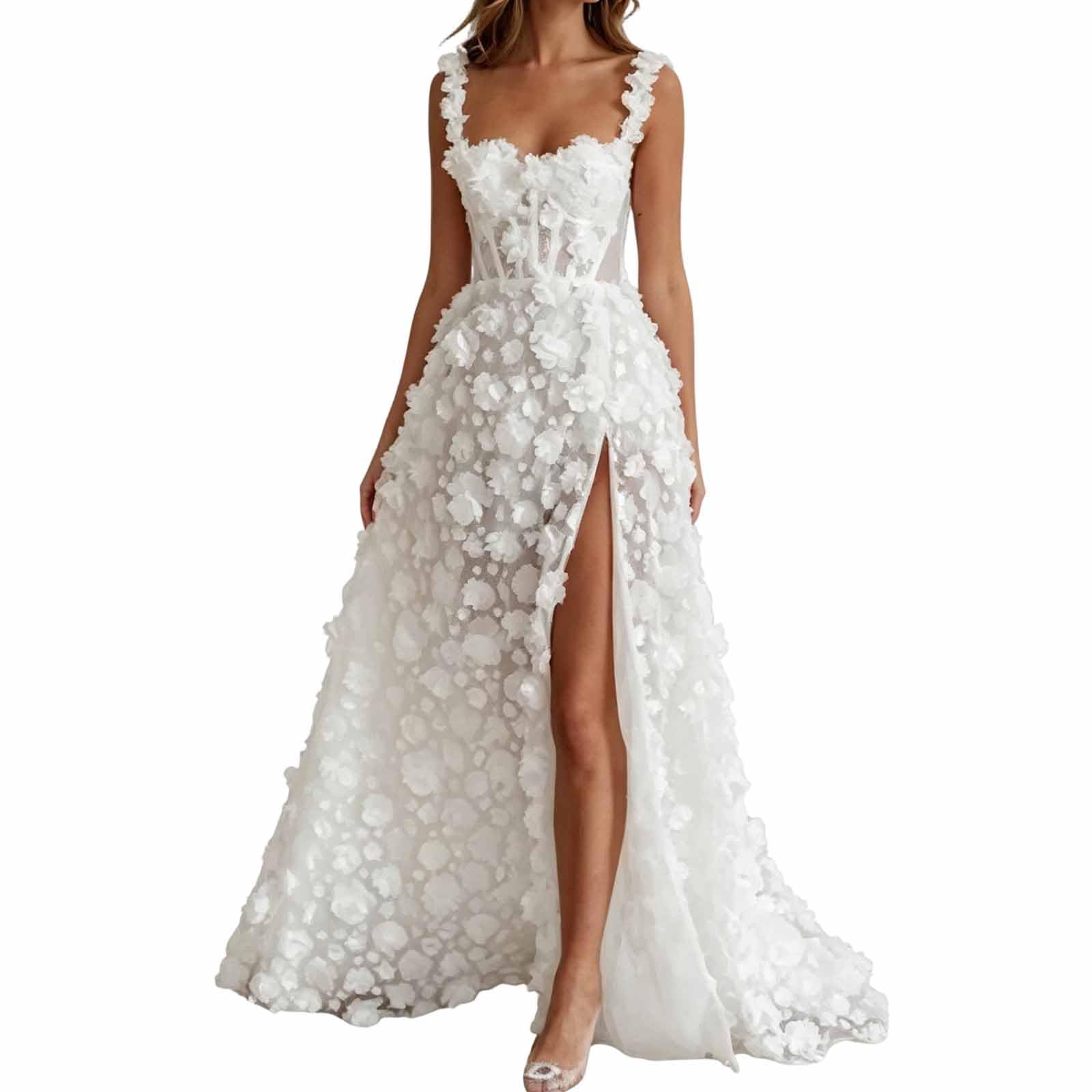 Vestito Sera 3D Fiori, Lungo A-Line con Spacco, Per Matrimonio