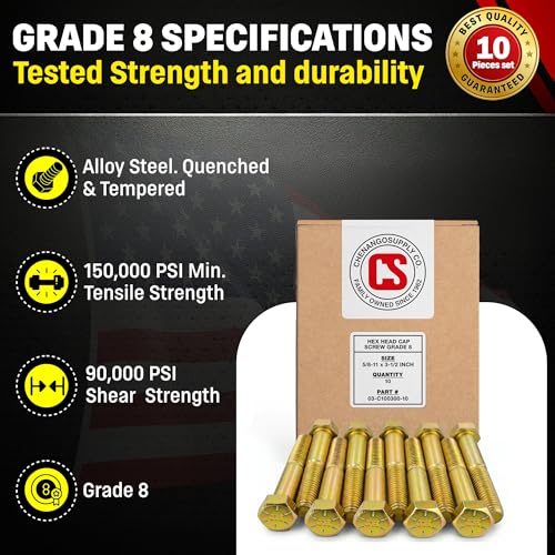 Image of Chenango Supply 5 /8-11 x 3-1 /2 inch Grade 8 Hex Head Cap Screws | Alloy Steel Hex Bolts, 150,000 PSI Tensile Strength, Yellow Zinc Chromate Finish, USS Coarse Thread Fasteners (10 Pack)
