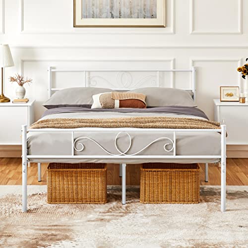 Yaheetech Cama de Matrimonio de Hierro Forjado con Listones con Estructura de Cama de Metal, 140 x 200 cm, cabecero Elegante, Estilo rústico Moderno, Blanco