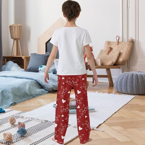Boy's Pj Pants Valentines Day Cats Lovers Hearts Eyes Lounge Bottoms Elastic Waist Kids Joggers with Pockets 6-143