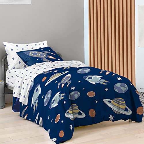 saturday park outer space queen bed set - 7 piece 100% organic cotton bedding features rocket ships - gots & oeko-tex certified