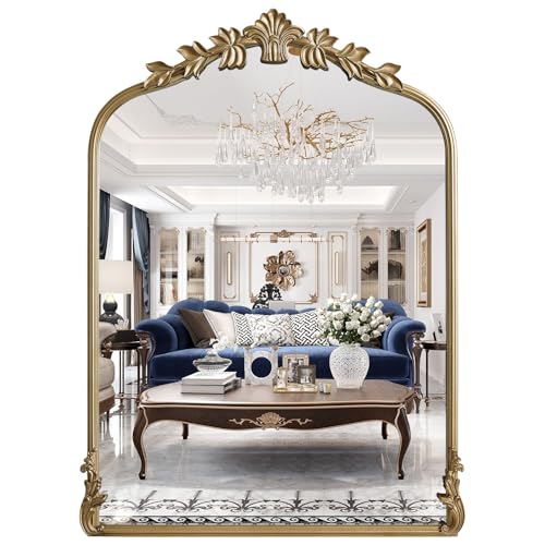 Image of WallBeyond Gold Antique Mirror for Vanity 22x30 Inch, Gold Vintage Mirror with Ornate Frame, Arched Vintage Wall for Bathroom, Living Room, Fireplace