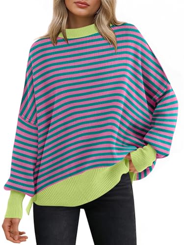Image of ANRABESS Women Oversized Sweaters Batwing Long Sleeve 2026 Fall Outfits Crewneck Casual Knit Side Slit Fashion Pullover Top
