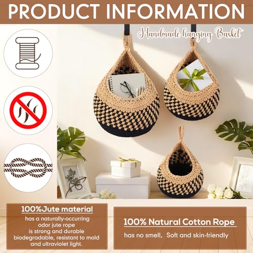 Image of Honeydak 3 Hanging Baskets, Linen with Black, Teardrop, Cotton Rope