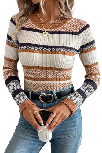 Women's Brown Stripe Knitted Ribbed Trim Slim Sweater for Casual Fall Outfits