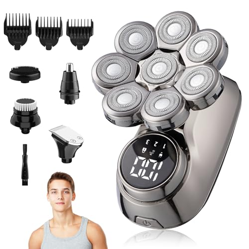 #Commissioniguadagnate<br>Rasoio Testa Calva Uomo 8D Rasoio Elettrico Barba 5 in 1 Rasoio Capelli uomo Rasoio Elettrico Wet & Dry 8 testine di rasatura Tagliacapelli Uomo Display LED per Capelli Barba Naso