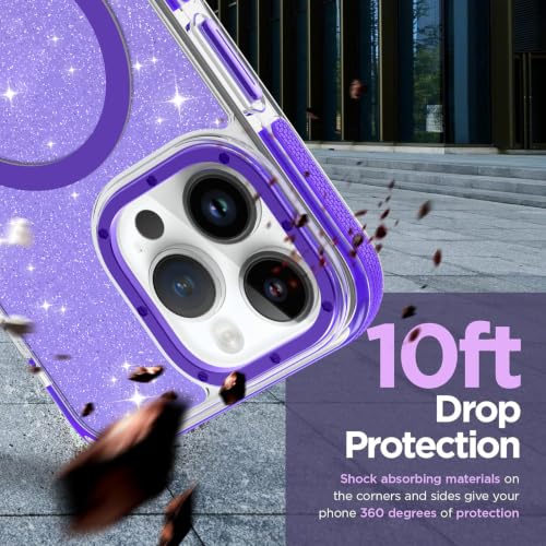 Image of Magnetic Case for iPhone 14 Pro Max [Compatible with Magsafe] [Bling Glitter Fluorescent Design] [1 Screen Protector] Slim Translucent Matte Case for iPhone 14 Pro Max 6.7 inch 2022, Purple