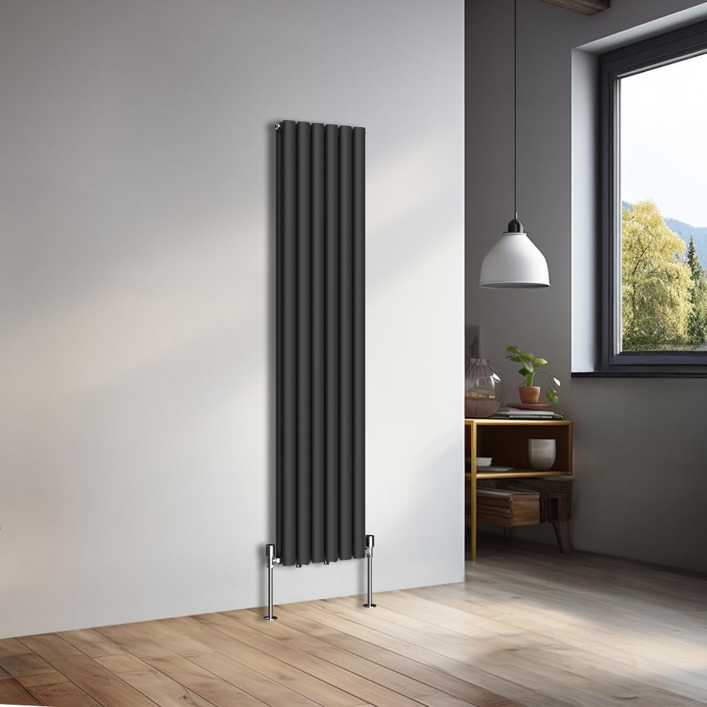 NRG 1600x354mm Vertical Oval Double Panel Heater Column Radiator Central Heating Radiators Designer Tall Radiators Premium Black — image 1