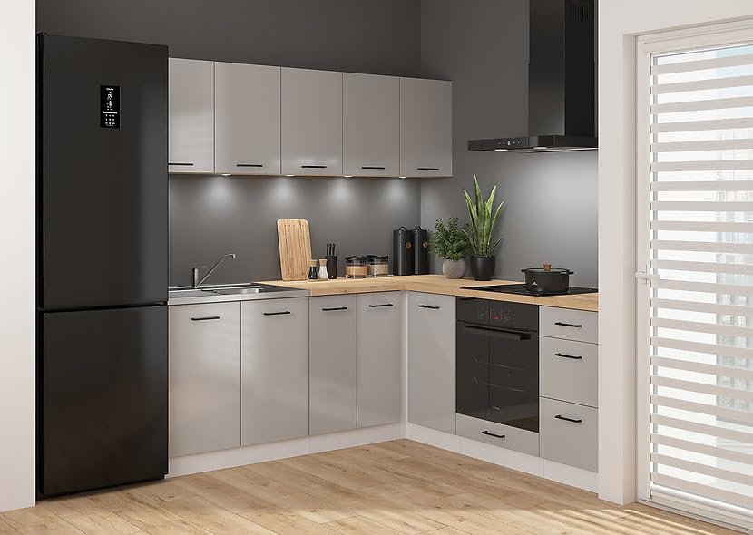 PEGANE Cuisine d'angle complète 200x200 cm, Meubles de Cuisine modulables Coloris Gris Clair Brillant/Blanc, Plan de Travail chêne doré Inclus