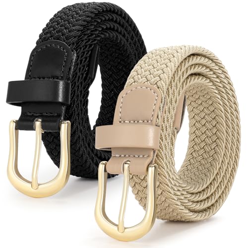 JASGOOD 2 Pack Ladies Braided Elastic Belts Casual Women Elasticated Canvas Woven Belts for Jeans Pants 1 Inch Wide Black+Khaki L
