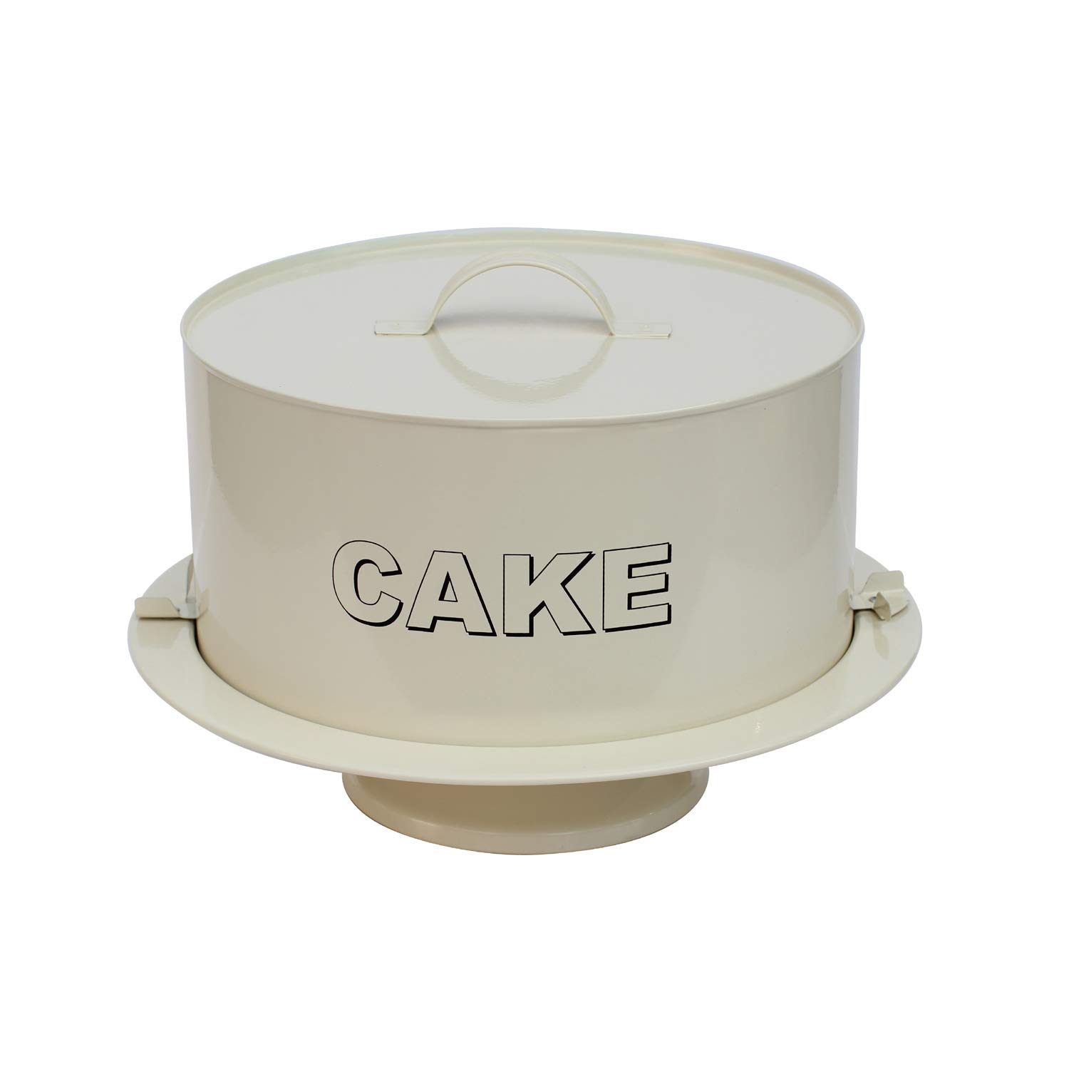Metal 2PC Cake Carrier with Stand - Antique Cream Finish - Secure Clip Lock Closure