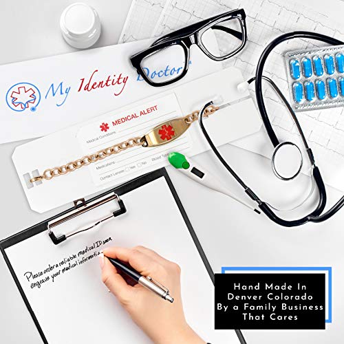 Medical Alert Bracelet for Women, Custom Engraved Medic ID, Rose Gold Tone Steel 6mm O-Link Chain, Red, Free ID Card | Made in USA - WRIST SIZE 8.5 inch