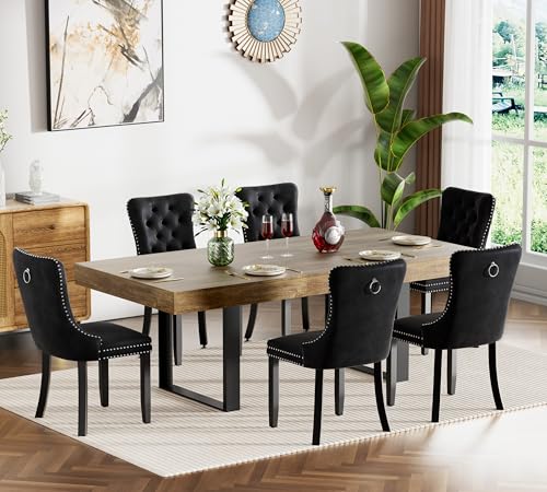 Image of Brown Dining Room Table Set for 6, 7-Piece 63 inch-78.74 inch Extendable Dining Table Set with 6 Upholstered Chairs, Rectangle Wooden Expanding Kitchen Table and Black Chairs Set