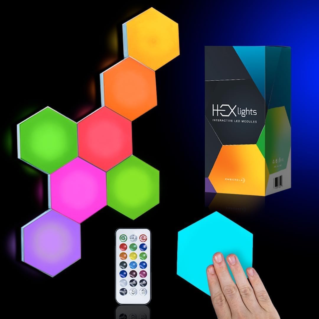 Emberela HEXlights 7er-Pack Hexagon Lichter - LED Lichtpaneele für Wand oder Tisch - Berührungs- & Fernbedienungsgesteuert - Dekor für Gaming Zimmer - Sehr geeignet für Kinder mit Autismus