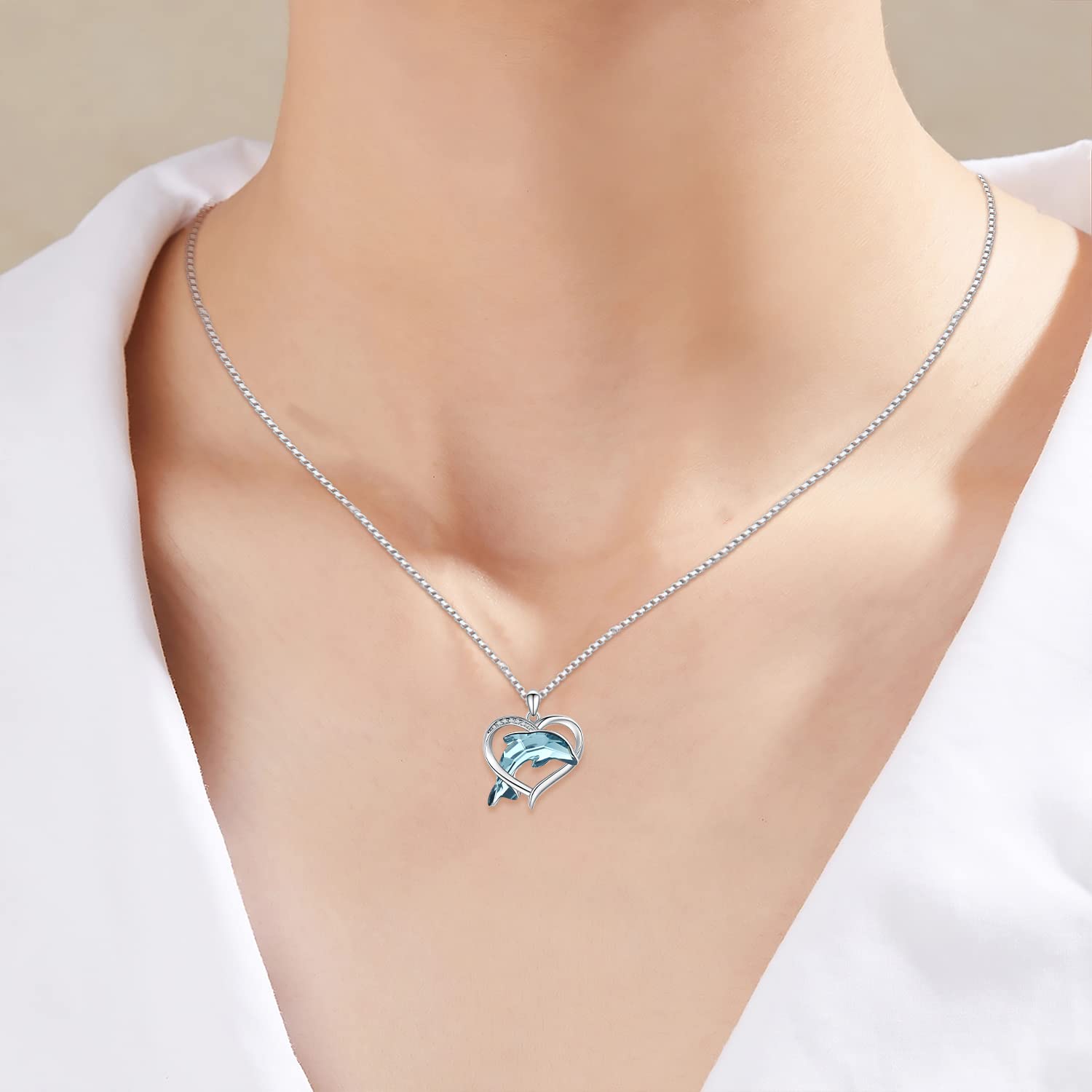Collana da donna con delfino, in argento Sterling 925, con ciondolo a forma di delfino, con cristalli blu, onde del mare, temi della spiaggia, regalo per figlia e ragazze