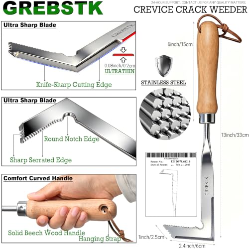 GREBSTK Crack Weeder Crevice Weeding Manual Stainless Steel Gardening Tool | L-shaped blade, razor-sharp hardened, rust-resistant, comfortable handle, 13in, for sidewalk cracks, driveway gaps, edging