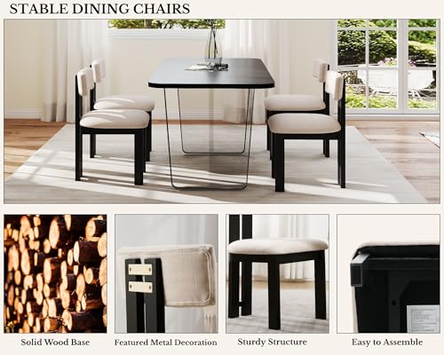 Image of HNY Modern Farmhouse Linen Dining Chairs Set of 2, Beige Fabric Upholstered Dining Room Kitchen Chairs with Black Wood Frame & Curved-Back, Armless Accent Wood Chairs for Dining Living Room