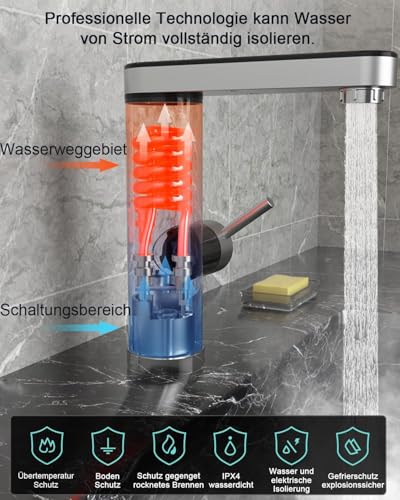 Edelstahl Warmwasserbereiter Hahn, elektrischer Wasserhahn mit Durchlauferhitzer mit digitaler Temperaturanzeige, 120 Grad Schwenkauslauf, elektrische Armaturen für Bad, Garten (Bildschirm Auslauf)