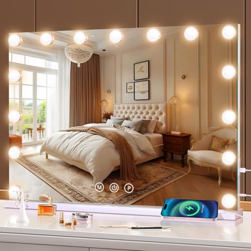 halumao Hollywood - Specchio cosmetico con luci, 58 x 48 cm, con luci, porte di uscita USB e tipo C, 3 modalità di colore, controllo Smart Touch, da tavolo o da parete, per camera da letto halumao Hollywood - Specchio cosmetico con luci, 58 x 48 cm, con luci, porte di uscita USB e tipo C, 3 modalità di colore, controllo Smart Touch, da tavolo o da parete, per camera da letto