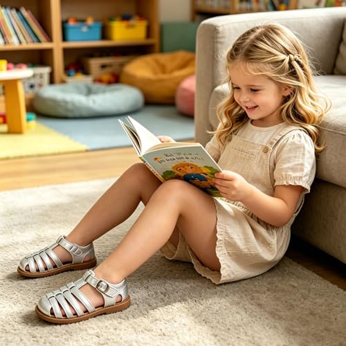 Image of Toddler Girl Sandals with Flower, Breathable Leather kids Closed Toe Sandals, Soft Rubber Non-Slip Summer Shoes for Little Girls 2-7 Years