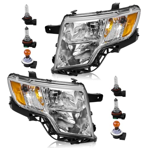 Headlight Assembly Compatible with Ford Edge 2007 2008 2009 2010 Limited SE SEL Halogen Headlamp OE-Style Head Lamp Replacement for FO2503228 FO2502228 Chrome Housing Amber Reflector