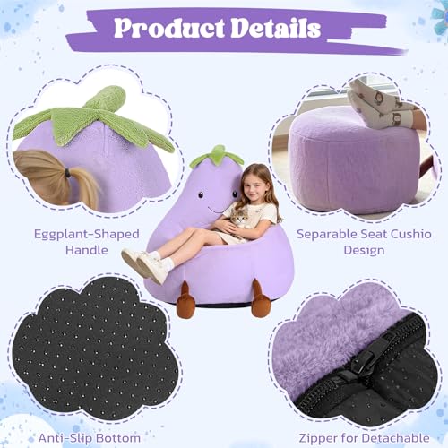 Image of 31 Inches Memory Foam Bean Bag Chair - Ultra Soft Faux Rabbit Fur Round Sofa with Handle & Machine Washable Cover, Eggplant-Shaped Kids Reading Chair for Bedroom, Living Room and Playroom, Purple
