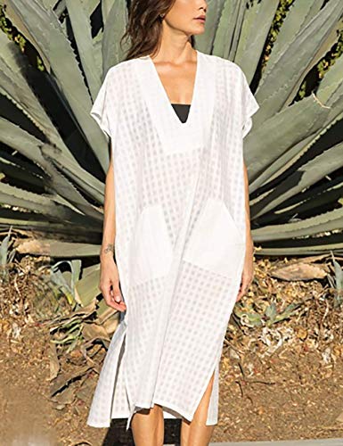 Bsubseach Women Plaid Swimsuit Cover Up V Neck Kaftan Dresses Caftan Maxi Dress2
