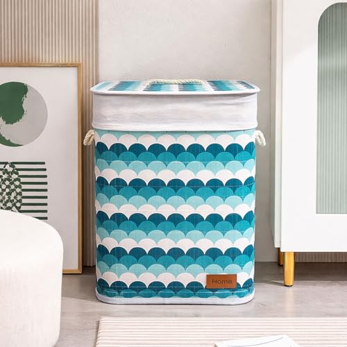 Image of Amazon Brand - Umi Rectangle Bamboo Laundry Basket for Clothes with Lid Wave Printed Hamper | Eco-Friendly, Foldable & Lightweight Organizer (Blue, 40x30x50 cm, Pack of 1)