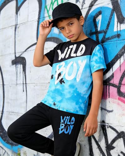 Image of OLMRJKD Boys 2 Piece Outfits Color Block Clothes Short Sleeve T Shirt and Camouflage Pants Summer Clothing Sets