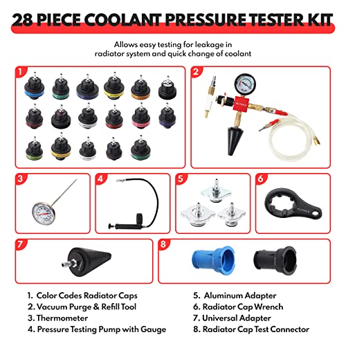 Image of BILITOOLS 28-Piece Coolant Pressure Tester, Coolant Vacuum Refill Kit | Metal Valve for Airtight Seal, No Leaks. Color-Coded Adapters for Quick, Easy Cap Selection. Air-Free Refill, Simple to Use