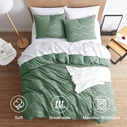 Image of Green Duvet Cover King Size - Boho Bedding King Duvet Cover Set, 3 Piece Tufted Double Brushed Boho Duvet Cover King with Zipper Closure, 1 King Size Duvet Cover Set 104x90 Inches and 2 Pillow Shams