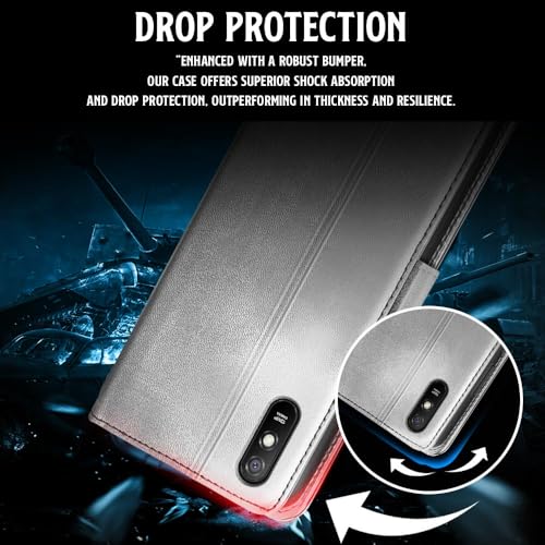 Image of WOW IMAGINE Shock Proof Flip Cover Back Case for Xiaomi Mi Redmi 9A | 9i | 9A Sport (Magnetic Button Flip Case | Wallet Pockets & Stand | Leather Finish | Stone Grey)