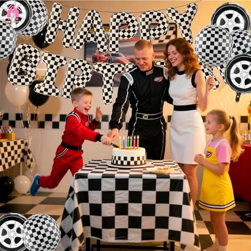 Image of Party Warehouse Happy Birthday Foil Balloon Banner-Black & White Checkered Racing Theme Letter Balloons|Car & Speed Inspired Birthday Decoration for Kids,Teens & Adults|Air Fill Hanging Decor-16 inch