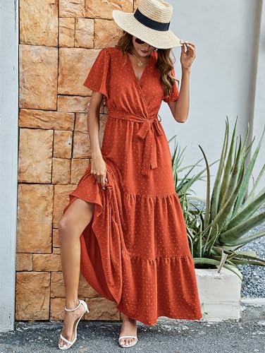 Image of MASCOMODA Women Boho Swiss Dot Maxi Dresses Wrap V Neck Flutter Short Sleeve Solid Tie Waist A Line Tiered Flowy Long Dresses