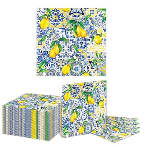 Kotkiddy 40 Stück Zitronenfliesen-Papierservietten, blau, gelb, Einweg-Servietten, dekorative Dinner-Servietten, Lunchtime-Servietten für