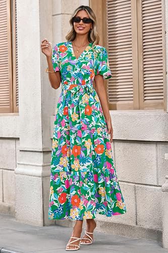 Image of MASCOMODA Women Boho Swiss Dot Maxi Dresses Wrap V Neck Flutter Short Sleeve Solid Tie Waist A Line Tiered Flowy Long Dresses