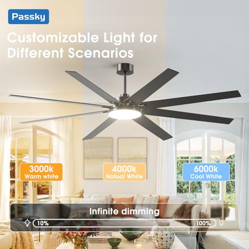 Image of 80 inch Ceiling Fans with Lights, Large Modern Ceiling Fan with Light and Remote Control, Reversible, 3CCT, Dimmable, Quiet, Black Ceiling fan For Bedroom, Living Room, Patio Farmhouse, Indoor /Outdoor