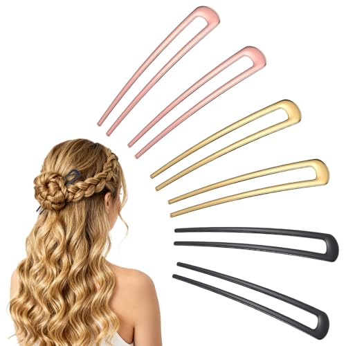 6 PCS Metal French Hair Pin U Shape 4 Inch Hair Accessories for Women Pins Hairs Fork Vintage French Twist Hair-Pin for Women (Black, Gold, Rosegold)