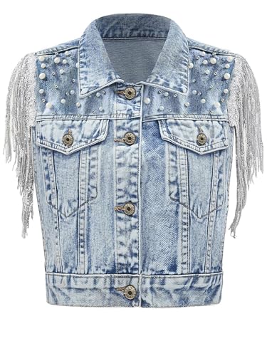 Women's Pearls Beading Denim Vest Sleeveless Sequin Fringe Jean Vest Western Cowgirl Outfit Tops