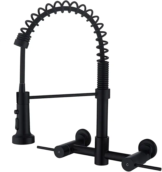 Fonveth Wall Mount Kitchen Faucet, 8 Inch Center Wall Mount Kitchen Sink Faucet with Pull Down Sprayer, Commercial, Black