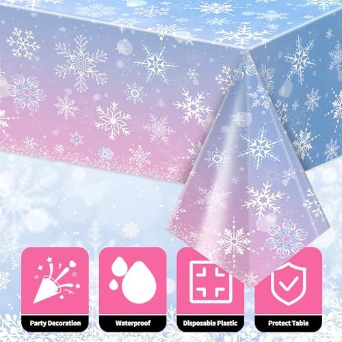 Image of Labeol 3 Pack Christmas Tablecloth, 108 x 54 inch Blue and Purple Snowflake Tablecloth, Disposable Plastic Waterproof Rectangle Table Cover for Christmas Decorations Party Supplies