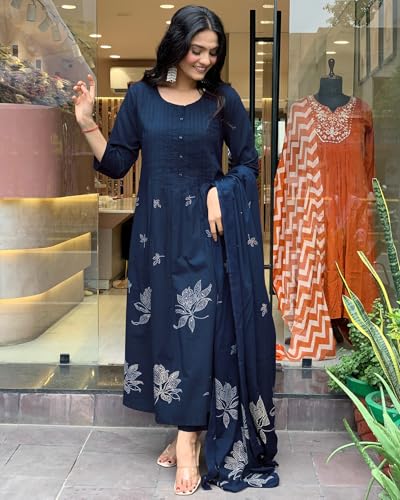 Image of GoSriKi Women's Rayon Blend Anarkali Printed Kurta with Pant & Dupatta | Ethnic Kurta Pant Dupatta Set for Women | Traditional Indian Wear Outfit