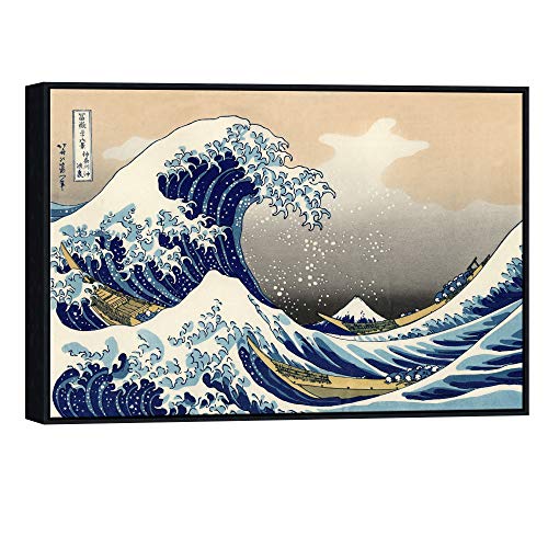 Wieco Art Impression sur toile avec cadre noir Grande vague de Kanagawa Hokusai Giclee Impression sur toile Abstrait Paysage marin Tableaux pour décoration de...
