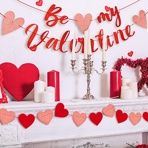 Image of Festiko Be My Valentine Banner & Heart Garland 3pcs Glitter Red Pink Happy Valentine's Day Large Pre-Assembled Holiday Banner Ornament for Wedding Engagement Party Home Decor