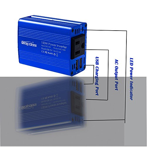 Bapdas 150W Car Power Inverter DC 12V to 110V AC Car Converter with 3.1A Dual USB Car Adapter-Blue