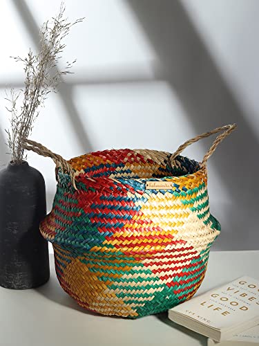 Image of Habere India-All The Cultures Fabricating India Wicker Basket For Plants | Seagrass Baskets Home Decor | Bamboo Storage Organiser | Bamboo Planter Baskets Cylindrical (S) - Multi (Dia 25 x H22 cm)