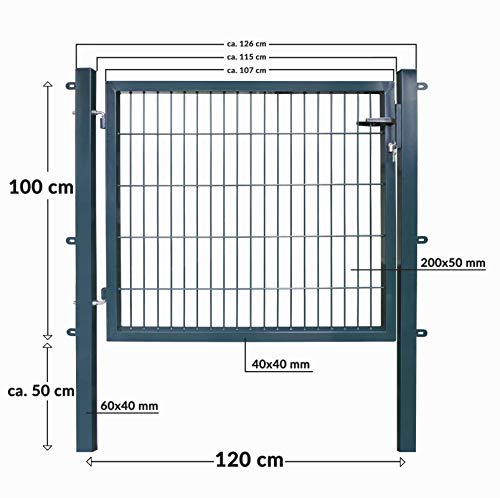 Koll Living Gartentore für Stabmattenzaun mit 120 cm Breite - Farbe und Höhe wählbar - inkl. Pfosten und Befestigungsmaterial (H 100 x B 120 cm, anthrazit)