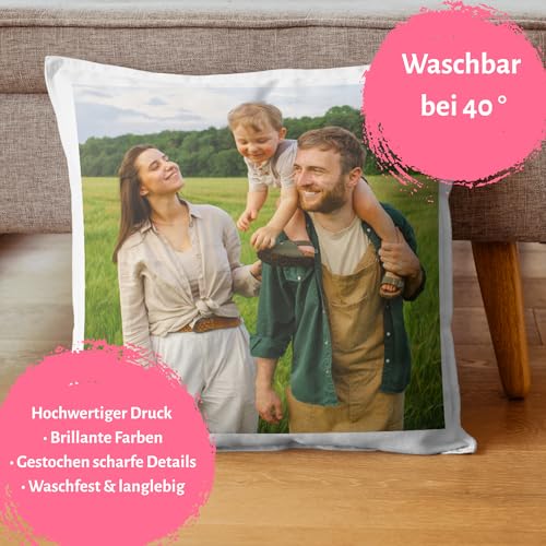 MyPrezzie Kissen mit Foto - personalisiert mit deinem eigenem Foto - Kopfkissen mit Foto | Herzkissen, Flauschiges Kissen | Doppelseitig, Opt. Füllung, Geschenk, Verlobung, Weihnachten