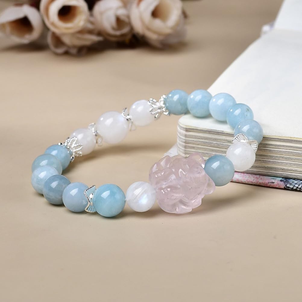 Bracciale con Acquamarina curativa Naturale al Quarzo Rosa, bracciali Elasticizzati con Pietre preziose autentiche per Donne Uomini Unisex, Cristalli di energia Naturale Perline