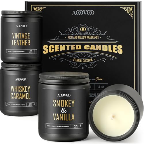 Image of AOOVOO Scented Candles for Men - 4 Pack Candles for Home Scented, 28oz Soy Wax, 200 Hour Burn Time, Men Candle Set, Leather /Smoke & Vanilla /Whiskey Caramel /Lavender Candle Set